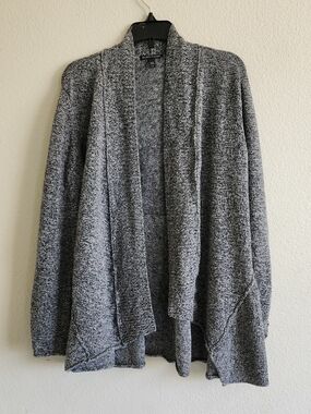 EILEEN FISHER Linen Wool Marled Grey Open Front Draped Peplum Cardigan L